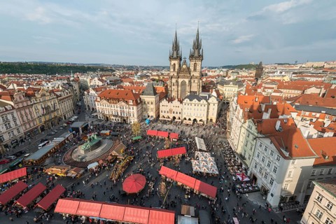 Old Town Square with a market and Tyn Church
