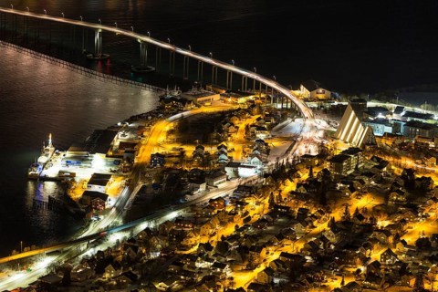 View from Fjellheisen to the Arctic Cathedral and the car bridge at night