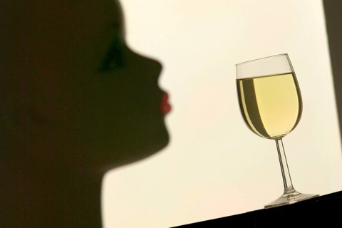 Silhouette in front of a glass with white wine