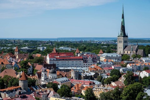 City view with St Olaf's Church or Oleviste Kirik and harbour at the Baltic Sea