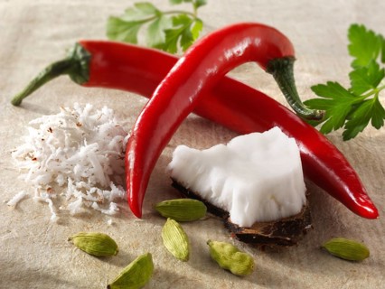 Fresh red chilis with grated coconut and cardamom seeds