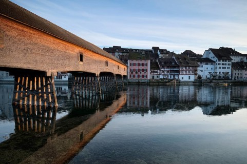 Historic wooden bridge crossing the Rhine River