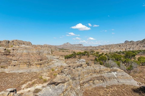 Dry and wide erosional landscape with rocks and trees