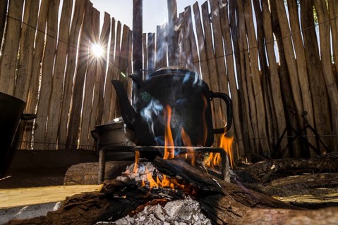 Kettle over an open fire in the kitchen