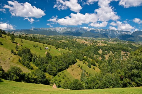 Mountain landscape with meadows in front of mountains