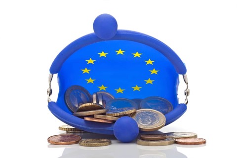 European coins in a blue purse with euro-stars