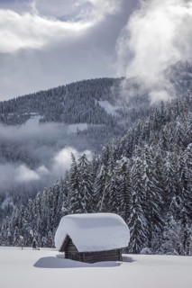 Wooden hut covered with a lot of snow