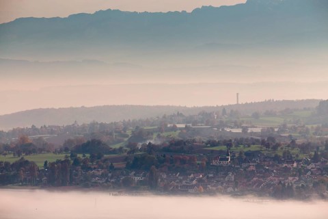 Fog over Uberlingersee lake and Dingelsdorf