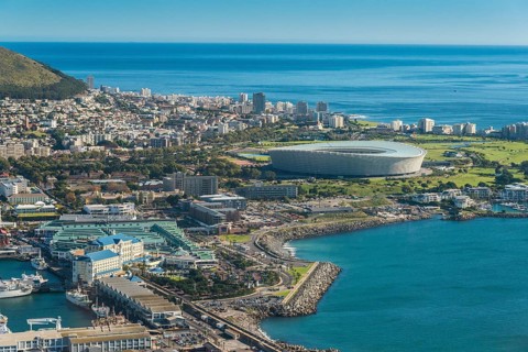 Aerial view with the harbour and the Green Point Stadium