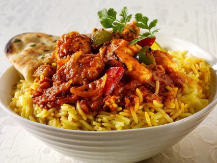 Chicken Jalfrezie Indian curry with pilau rice and naan bread
