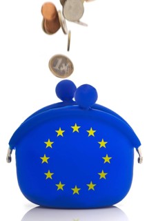 Coins falling into a blue purse with euro-stars