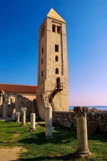 The Romanesque Bell Tower and medieval pillars of the church of St John The Evangelist
