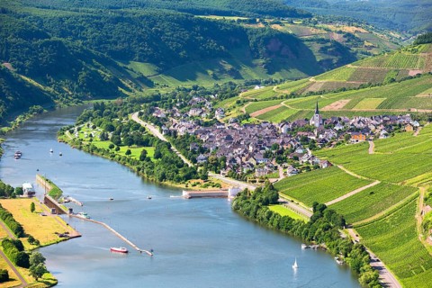 Moselle River with the village of Enkirch surrounded by vineyards