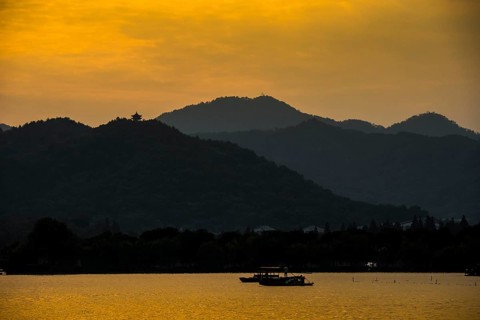 Hills at West Lake at sunset