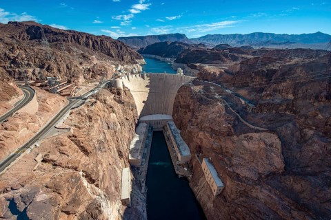 View from the Hoover Dam Bypass Bridge to the dam of the Hoover Dam