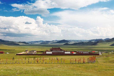 Amarbayasgalant Monastery in green grass landscape