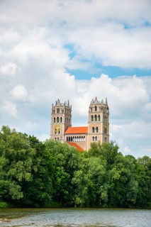 Parish church of St. Maximilian with Isar river