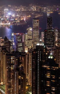 View from Victoria Peak across the high-rise buildings at night