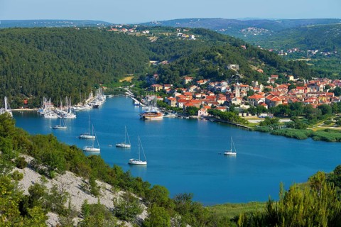Townscape with sailing ships in the foreground
