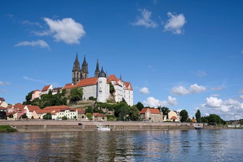 Elbe river in front of the Albrecht Castle with the cathedral of Meissen