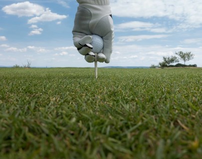 A golf ball is placed on a tee