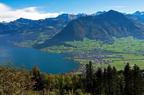 View from Mt Burgenstock of the municipality of Buochs on Lake Lucerne