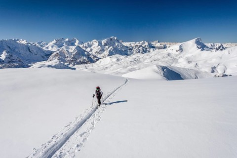 Ski touring in the ascent to the Seekofel in the Fanes-Sennes-Prags Nature Park in the Dolomites