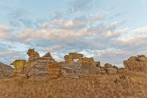 Rock formation La Fenetre d'Isalo at dusk