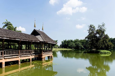 Jetty on a lake in the botanical garden of the Mae Fah Luang Art and Culture Park