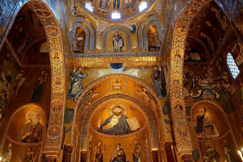 Byzantine mosaics with Christ Pantocrator above the altar at the Palatine Chapel or Cappella Palatina