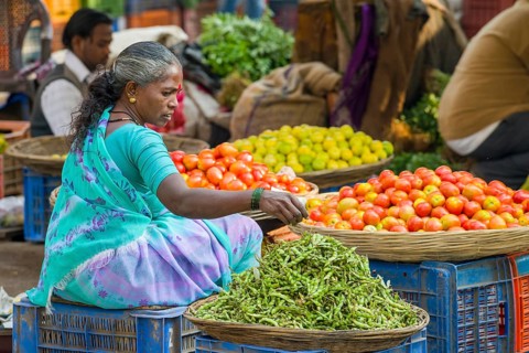 A woman is selling chilis and tomatoes at the weekly vegetable market