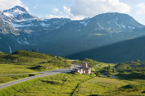 Simplon Pass Road A9 with Hotel Monte Leone