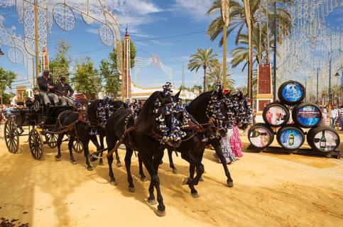 Decorated horses and dressed up coachmen at the Feria del Caballo Horse Fair