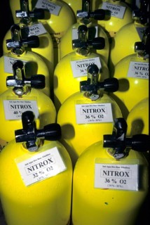 Compressed air cylinders or scuba tanks with Nitrox for diving