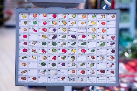 Panel of a food scale in the fruit and vegetables department of a supermarket