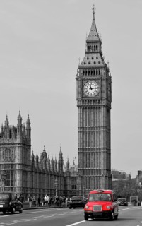 Red taxi on Westminster Bridge with Big Ben or Elizabeth Tower