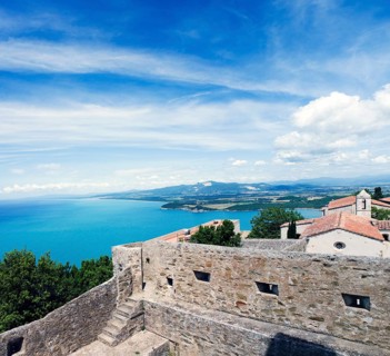 View from Torre di Populonia of Populonia Castle and the Gulf of Baratti