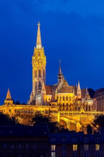 Castle hill with Matthias Church in the blue hour