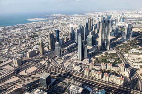 View from the Burj Khalifa on skyscrapers on Sheikh Zayed Road