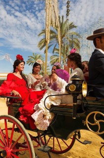 Young ladies wearing gypsy dresses at the Feria del Caballo Horse Fair
