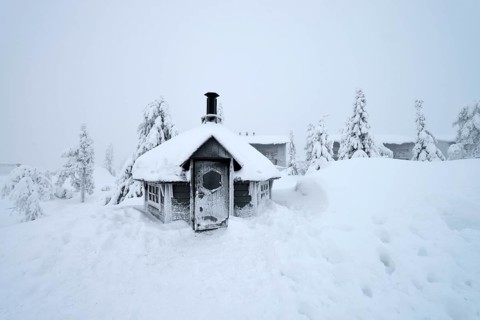 Finnish Kota in a snow-covered landscape