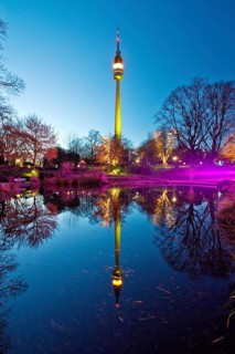 Winter lights in Westphalia Park with the television tower Florian at dusk