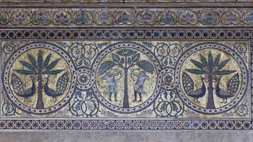 Byzantine mosaic with two Norman archers in the Norman castle of La Zisa