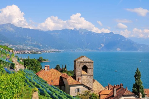 View over the wine-producing village and Lake Geneva towards Lausanne