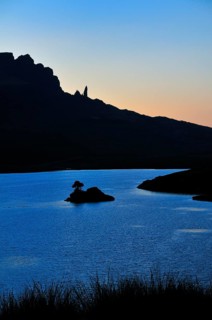 View at dusk across Loch Fada to The Storr with the Old Man of Storr pinnacle