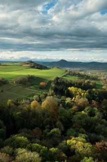 View from the fortress ruins of Hohenkrahen Castle over the Hegau landscape with Magdeberg Mountain and Hohenhewen Mountain