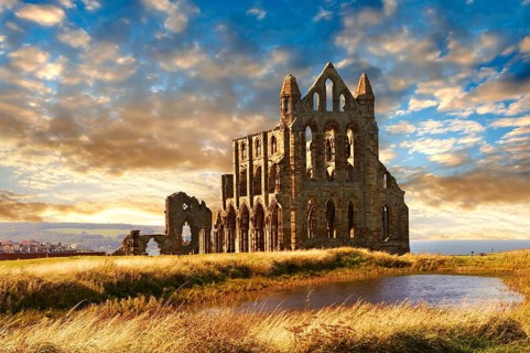 Gothic Whitby Abbey at sunset
