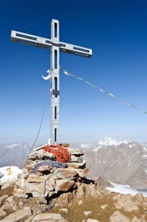 Summit cross of Similaun Mountain on Niederjochferner Glacier in Schnalstal