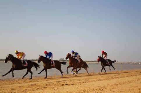 Horse race at the beach of Sanlucar de Barrameda at the Guadalquivir river mouth