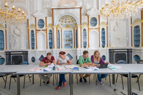 Students studying in the departmental library of the University of Hohenheim in Schloss Hohenheim Palace